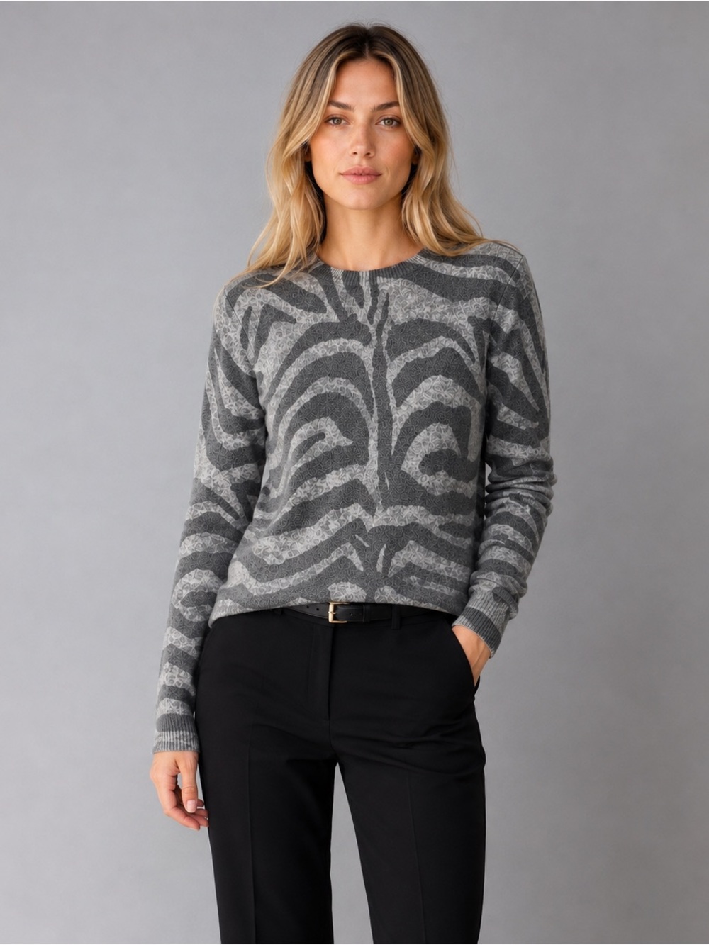 Equipment S/P Gray Abstract Animal Print 100% Cashmere Crewneck Sweater